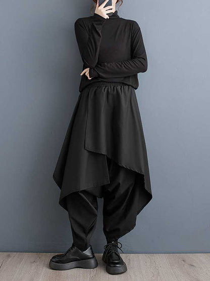Culotte taille haute ample asymétrique élastique superposée de couleur unie 