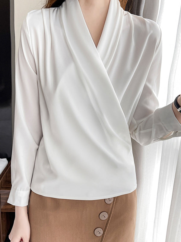 Long Sleeves Loose Buttoned Solid Color V-Neck Blouses&Shirts Tops