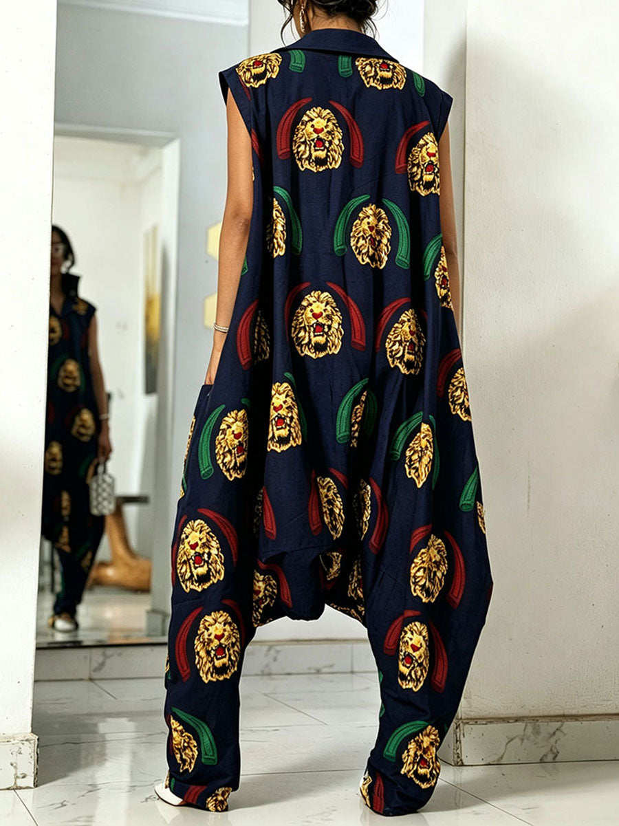 Loose Sleeveless Pockets Printed Lapel Jumpsuits