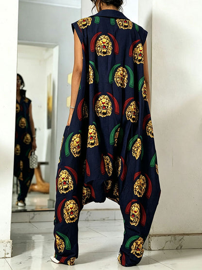 Loose Sleeveless Pockets Printed Lapel Jumpsuits