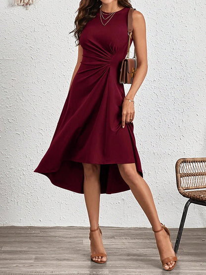 A-Line High Waisted Asymmetric Pleated Solid Color Split-Joint Round-Neck Midi Dresses