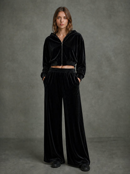 Velvet Solid Color Pockets Elasticity Wide Leg Loose Trousers Pants