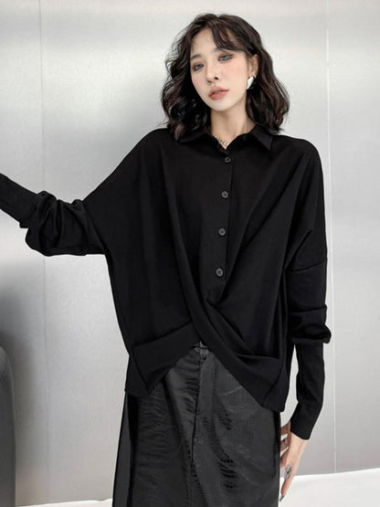Hipster Irregularity Buttoned Solid Color Twist Lapel Collar Blouses&Shirts Tops