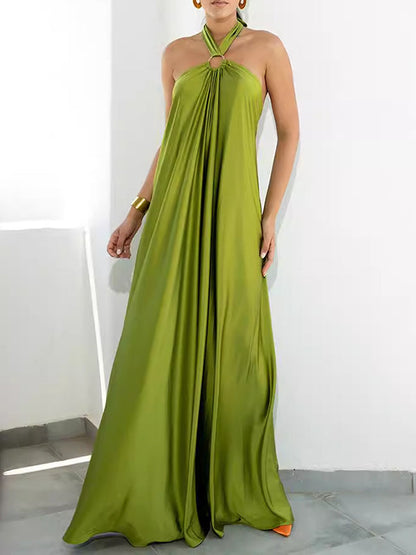 A-Line Loose Backless Solid Color Tied Halter-Neck Maxi Dresses