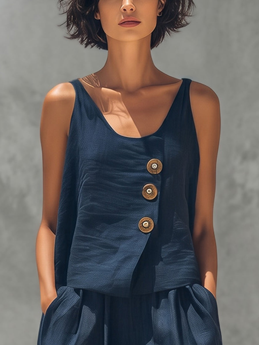 Loose Sleeveless Asymmetric Buttoned Solid Color U-Neck Tank Top