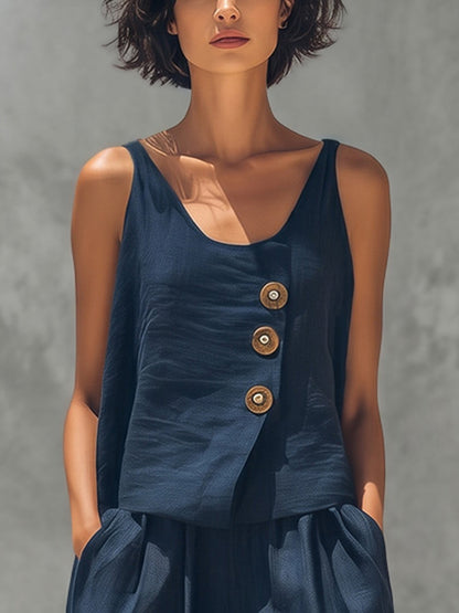 Loose Sleeveless Asymmetric Buttoned Solid Color U-Neck Tank Top