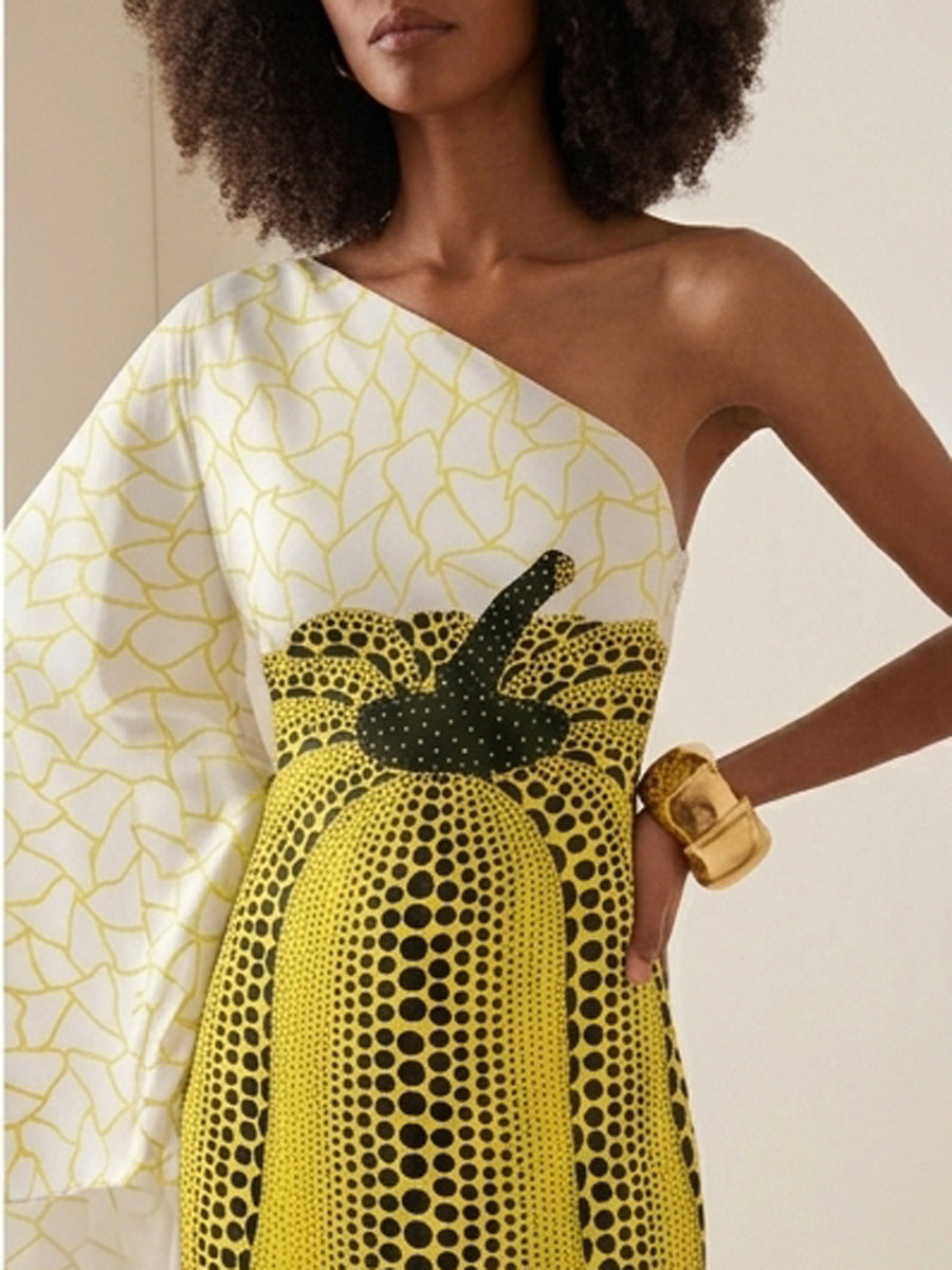 Long Sleeves Loose Asymmetric Printed One-Shoulder Maxi Dresses