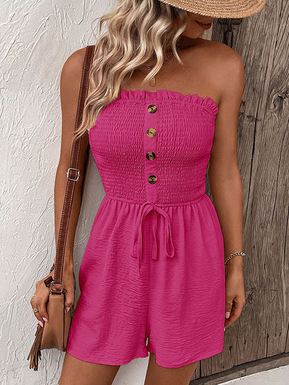 Loose Plus Size Buttoned Drawstring Elasticity Pockets Split-Joint Tube Rompers