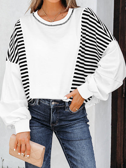 Long Sleeves Loose Contrast Color Striped Round-Neck Sweatshirt Tops