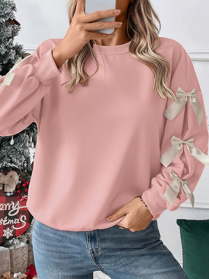 Split-Joint Contrast Color Bow-Embellished Loose Long Sleeves Round-Neck Sweatshirt Tops