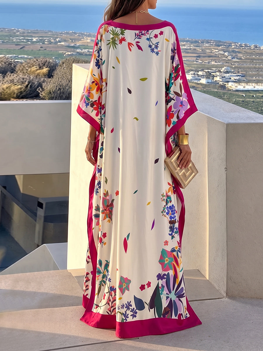 Split-side Flower Print Contrast Color Three-quarter Sleeves H-line Boat Neck Maxi Dresses