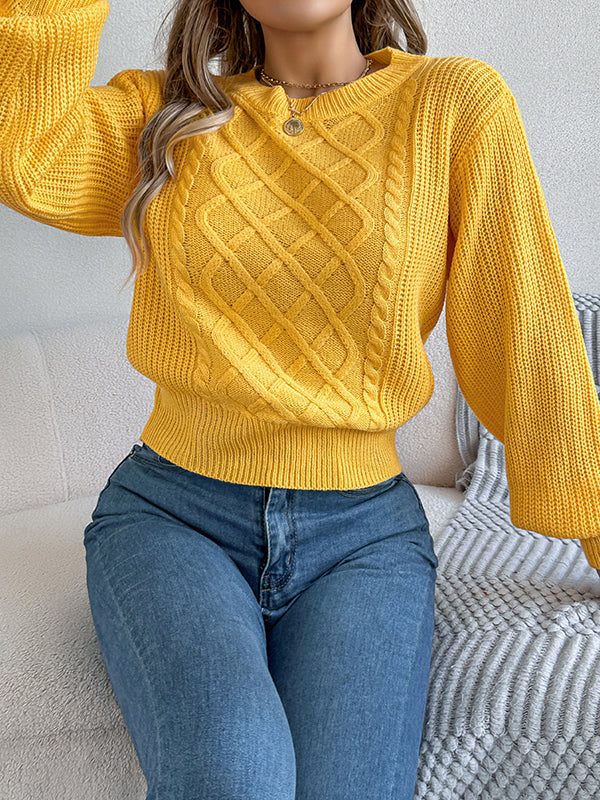 Elasticated Waist Long Sleeves Cable Knit Solid Color Round-Neck Knit Top Sweater Tops