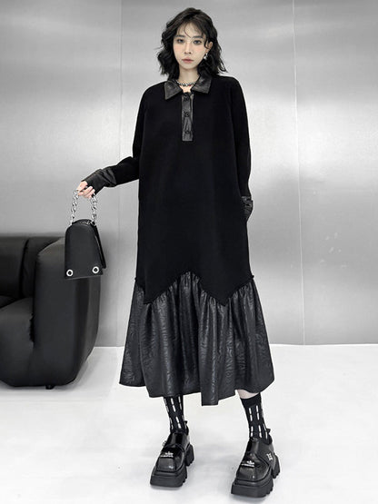 A-Line Long Sleeves Buttoned Split-Joint Polo Midi Dresses Sweater Dresses