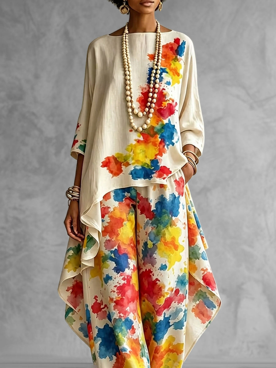High-Low Loose Asymmetric Contrast Color Printed Boat Neck Blouses&Shirts Tops