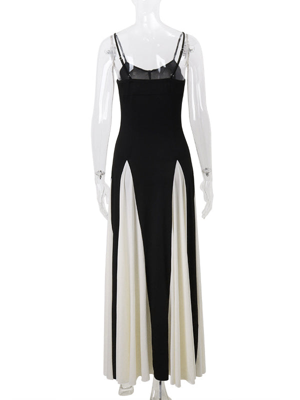 High Waisted Sleeveless Backless Contrast Color Pleated Split-Joint Spaghetti-Neck Maxi Dresses