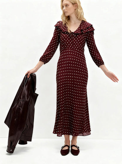 Puff Sleeves Seven-Quarter Sleeves Polka-Dot Ruffled V-Neck Maxi Dresses