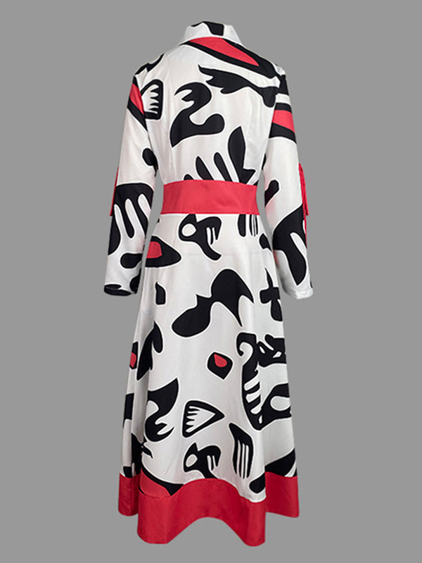 A-Line Long Sleeves Buttoned Contrast Color Tied Waist Notched Collar Maxi Dresses Shirt Dress