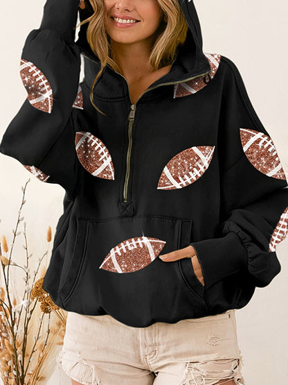 Zipper Split-Joint Ribbed Printed Pockets Drawstring Loose Long Sleeves Hooded Sweater Pullovers