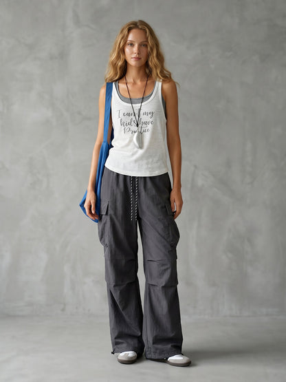 Cargo Pants Loose Drawstring Pockets Solid Color Pants