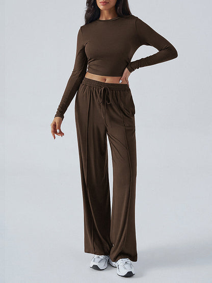Long Sleeves Loose Solid Color Round-Neck T-Shirt Top + Drawstring Elasticity Pockets Pants Bottom Two Pieces Set