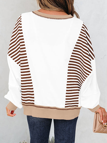 Long Sleeves Loose Contrast Color Striped Round-Neck Sweatshirt Tops