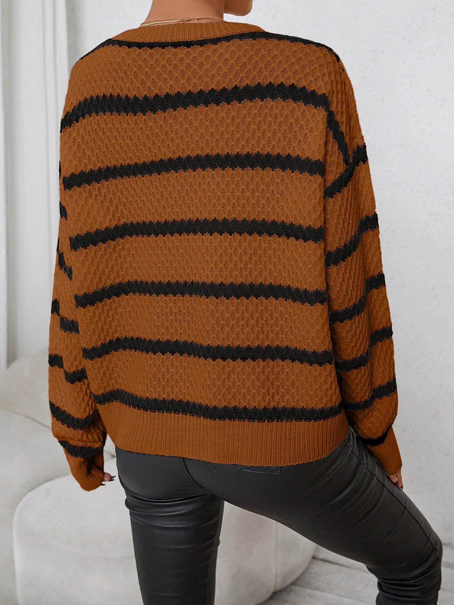 Striped Split-Joint Contrast Color Loose Long Sleeves Round-Neck Sweater Tops Pullovers