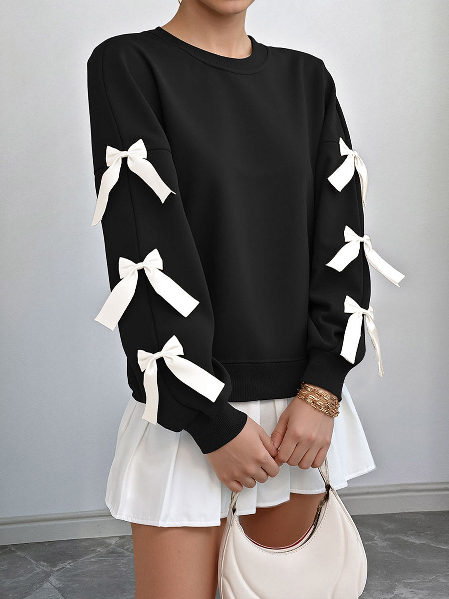 Split-Joint Contrast Color Bow-Embellished Loose Long Sleeves Round-Neck Sweatshirt Tops