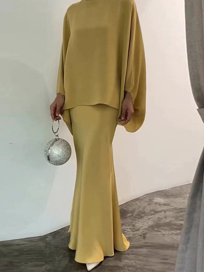 Batwing Sleeves Pearl Solid Color Round-Neck Shirts&Skirts Suits