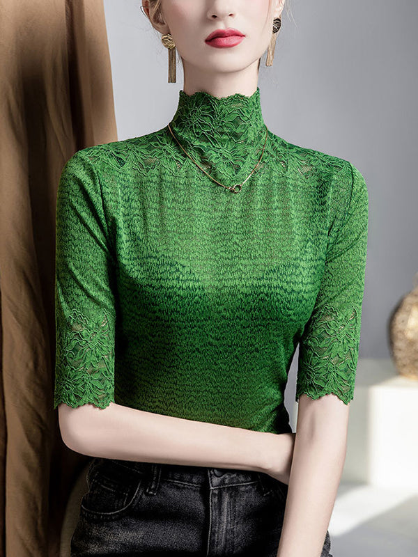 False Two Half Sleeves Slightly Sheer Split-Joint Textured High Neck T-Shirts Tops