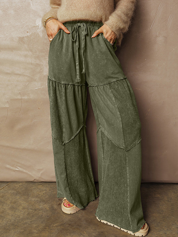 High Waisted Loose Drawstring Pleated Pockets Solid Color Split-Joint Pants Trousers