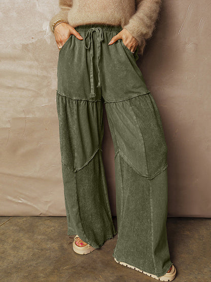 High Waisted Loose Drawstring Pleated Pockets Solid Color Split-Joint Pants Trousers