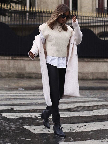 Casual Cap Sleeve Solid Color High-Neck Sweater Tops Pullovers