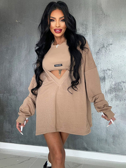 Loose Solid Color Round-Neck Mini Dresses & Vest Top Two Pieces Set