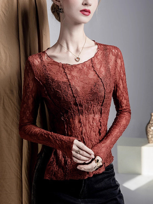 Irregularity Long Sleeves See-Through Split-Joint Textured Round-Neck T-Shirts Tops