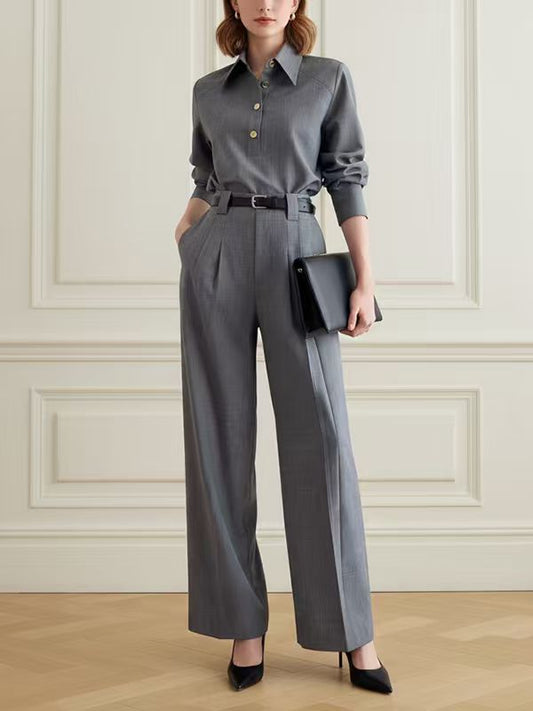 Buttoned Contrast Color  Split-Joint Lapel Blouses&Shirts Tops + Elasticated Waist High Waisted Belted Pleated Pants Two Pieces Set
