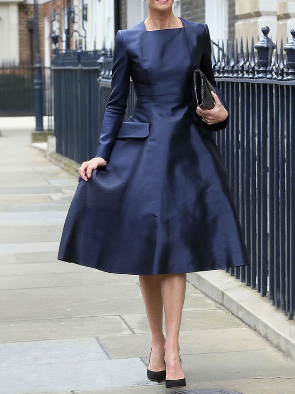 A-Line High Waisted Pockets Solid Color Square-Neck Midi Dresses