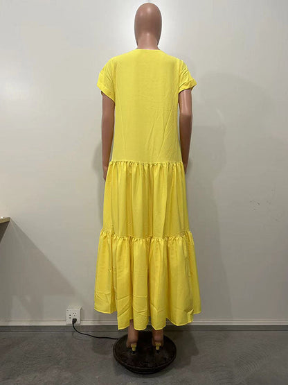 A-Line Loose Pleated Solid Color Split-Joint V-Neck Maxi Dresses