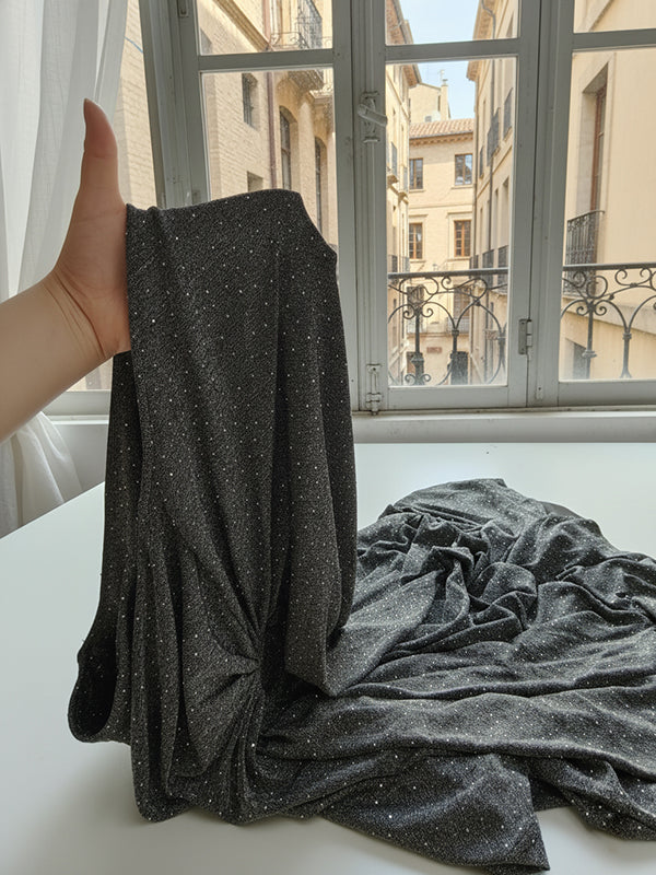 Half Sleeves Loose Pleated Rhinestone Shiny Deep V-Neck Maxi Dresses