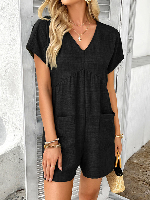 High Waisted Loose Backless Pockets Solid Color V-Neck Rompers