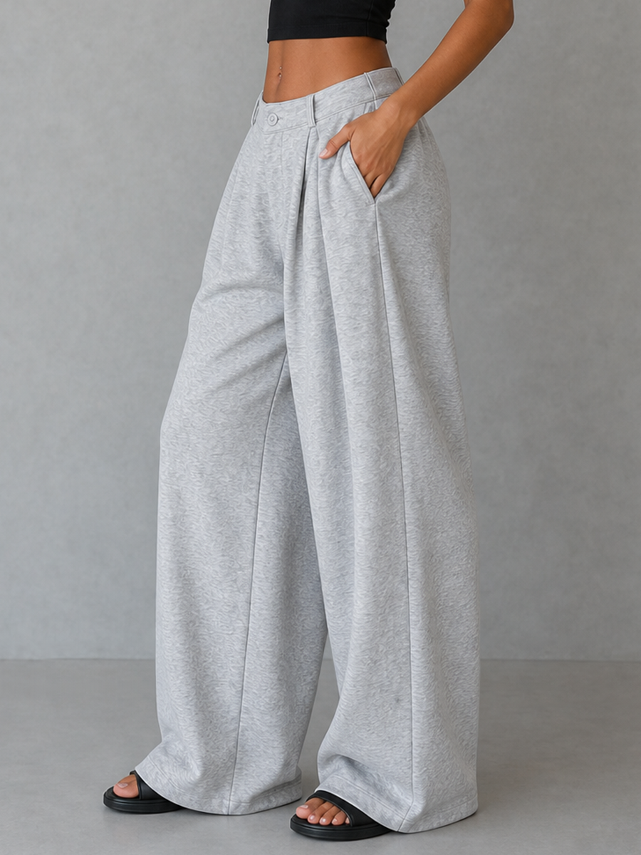 Loose Wide Leg Buttoned Pleated Pockets Solid Color Pants Trousers