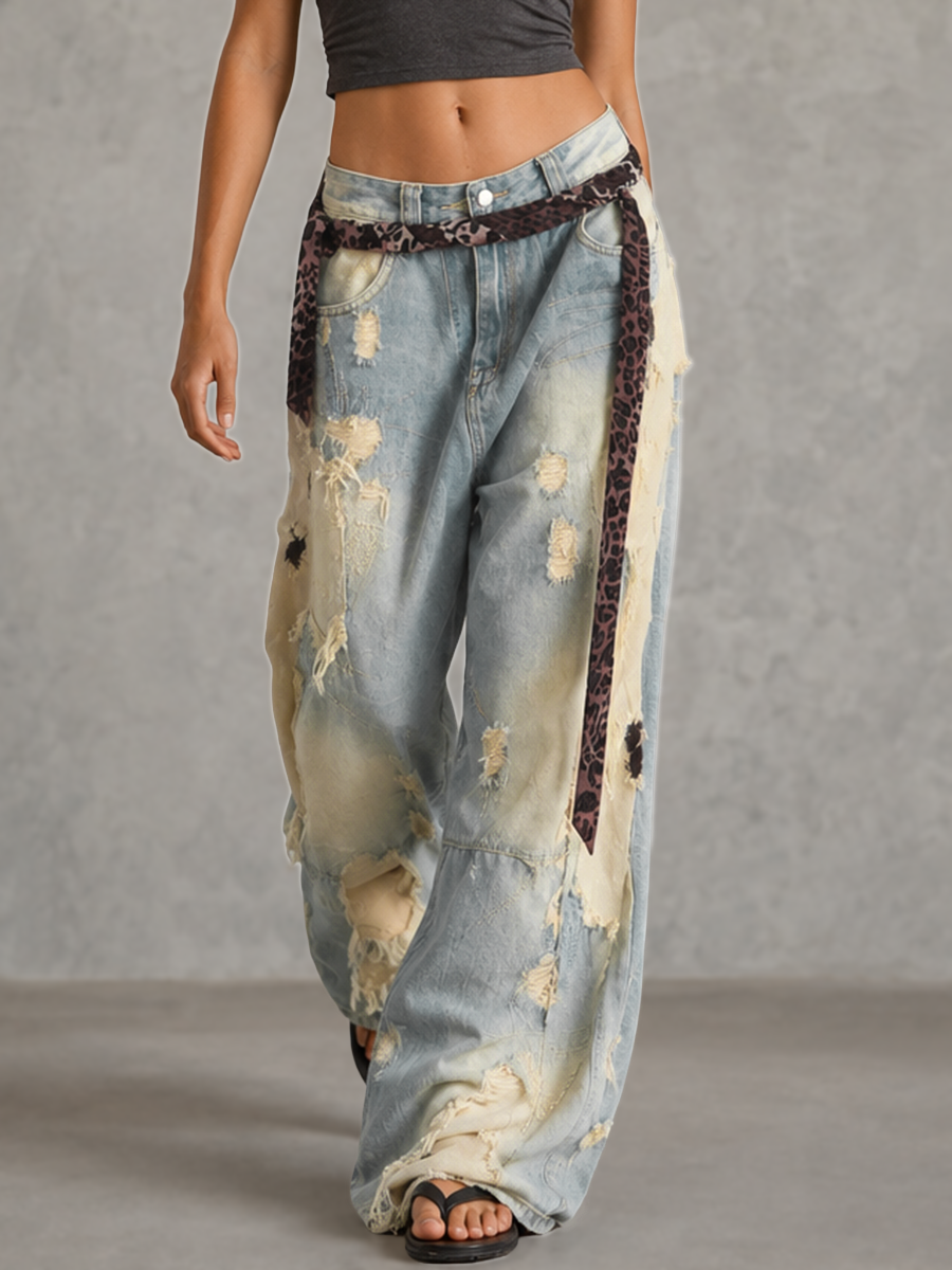 High Waisted Wide Leg Asymmetric Buttoned Contrast Color Jacquard Pockets Split-Joint Streamer Jean Pants Bottoms