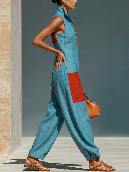 Loose Wide Leg Contrast Color Pockets Lapel Jumpsuits