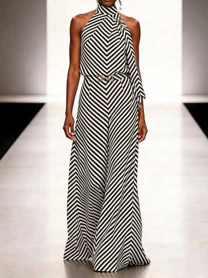 High Waisted Loose Buckle Contrast Color Elasticity Striped Pants Trousers