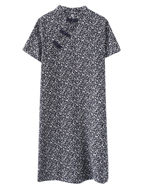 Artistic Retro Floral Printed Stand Collar Short Sleeves Cheongsam Midi Dress
