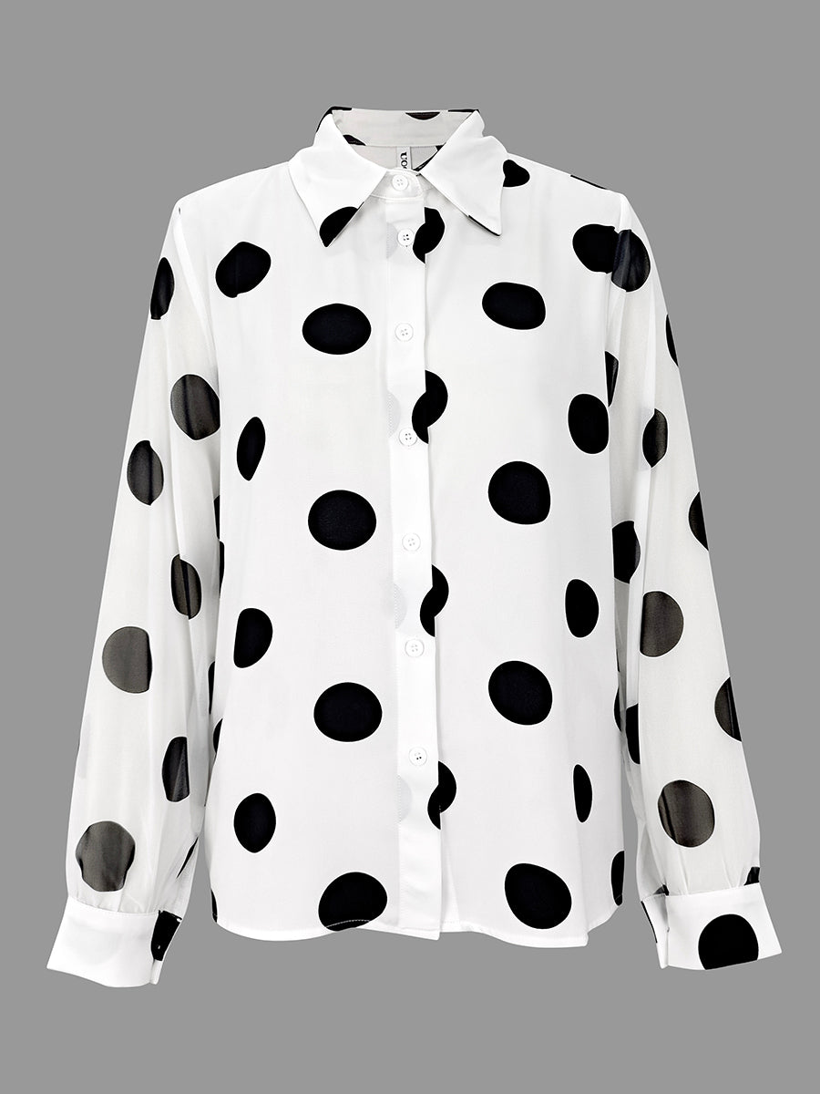 Long Sleeves Loose Buttoned Polka-Dot Printed Lapel Blouses&Shirts Tops