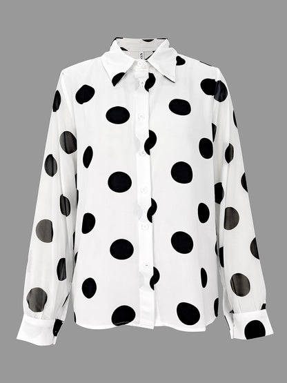 Long Sleeves Loose Buttoned Polka-Dot Printed Lapel Blouses&Shirts Tops