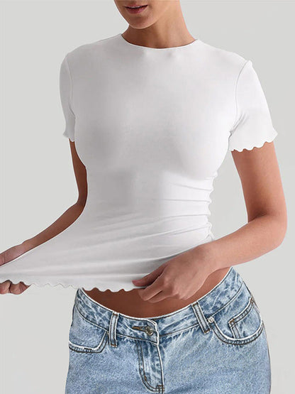 Short Sleeves Skinny Solid Color Round-Neck T-Shirts Tops WHITE