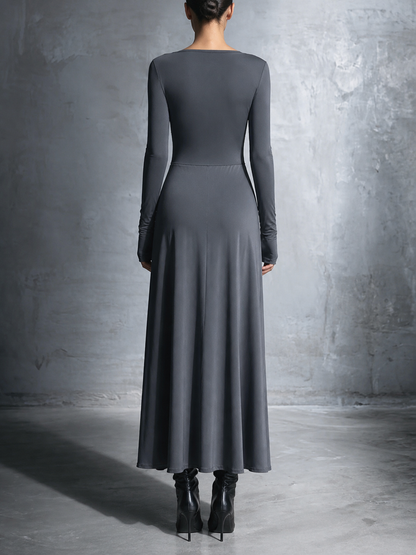 Split-Joint Solid Color Knot Asymmetric Long Sleeves Round-neck Maxi Dresses