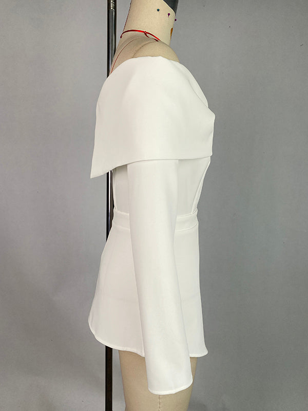 Long Sleeves Loose Pleated Solid Color Split-Front Off-The-Shoulder Blouses&Shirts Tops