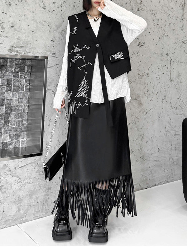 Sleeveless Asymmetric Buttoned Embroidered V-Neck Vest Top